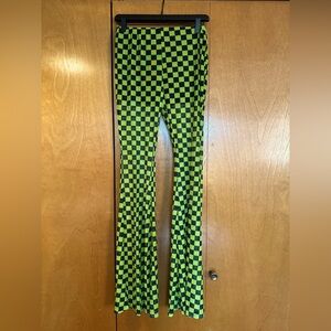 MIMOSA Lime Green and Black Checkered Sheer Flare Pants